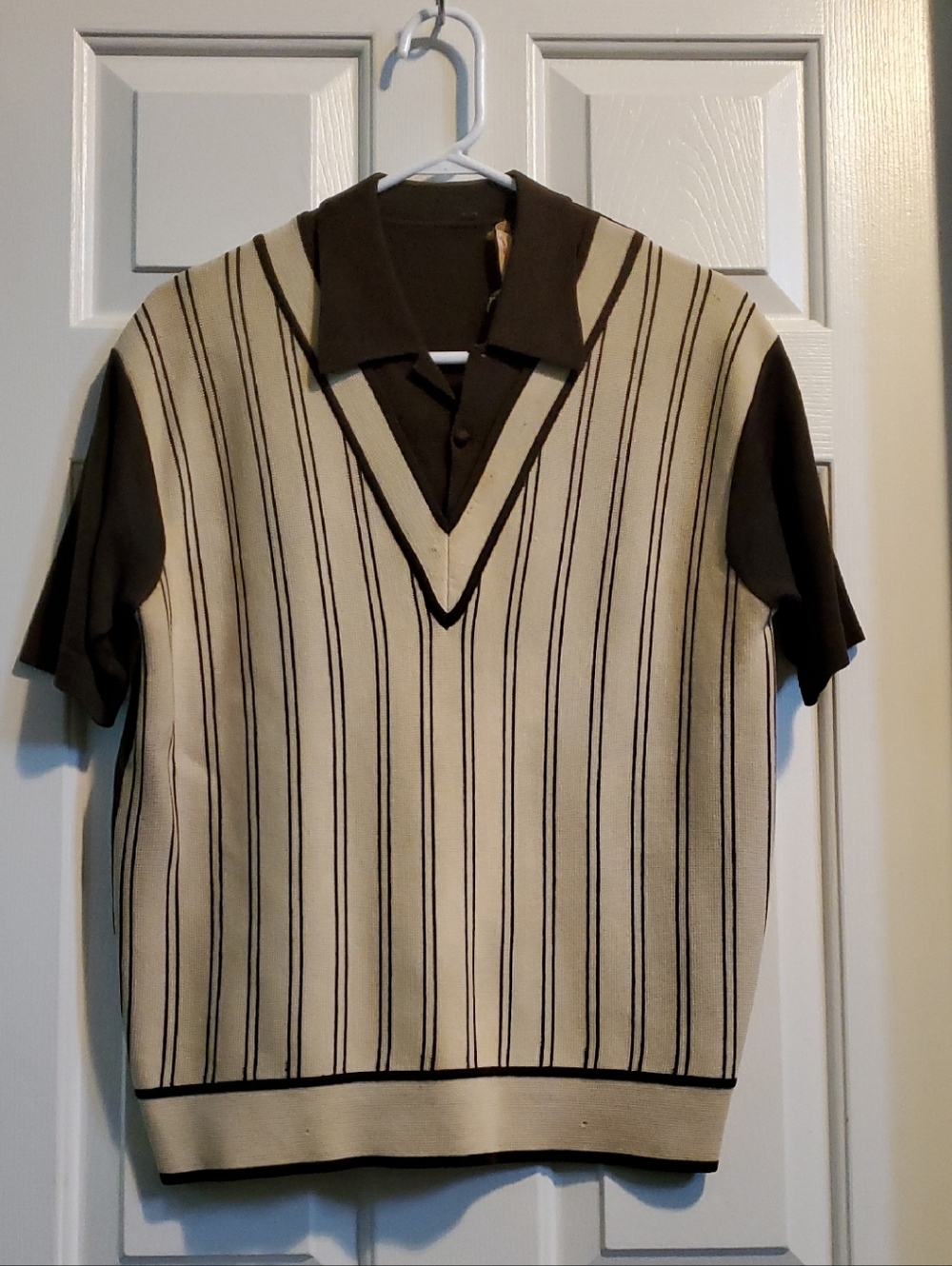 Vintage Cream & Brown Men's M Striped Knit Polo